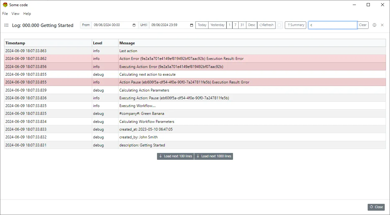 Execution log summary