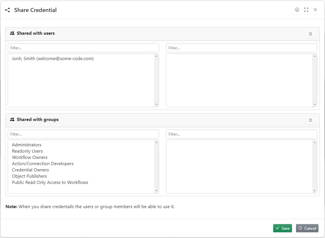Share credential dialogue