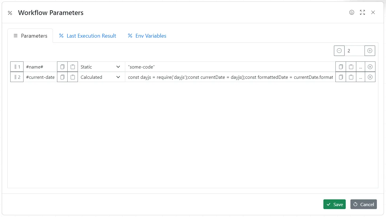 Workflow Parameters dialogue
